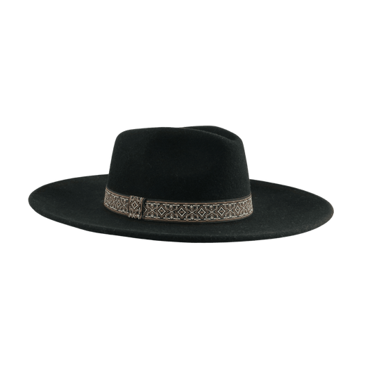 Morelia - schwarzer Fedora Hut mit Aztek Hutband, Hut von vorne - Nimanita Hats & Accessoires - Hüte für Frauen