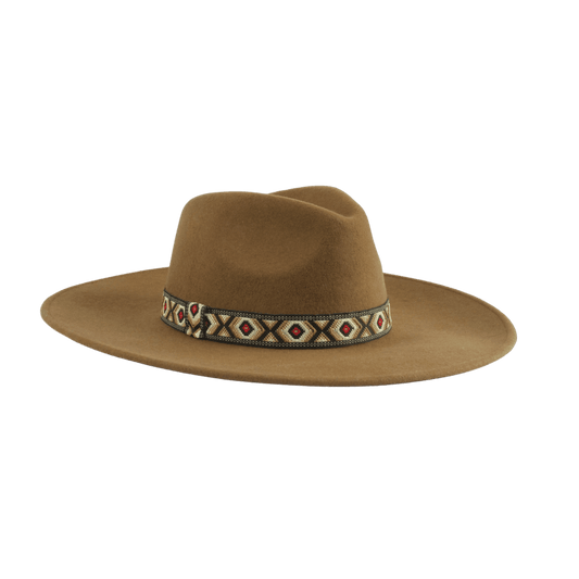 Palenque - brauner Fedora Hut mit Aztek Hutband, Hut von vorne - Nimanita Hats & Accessoires - Hüte für Frauen